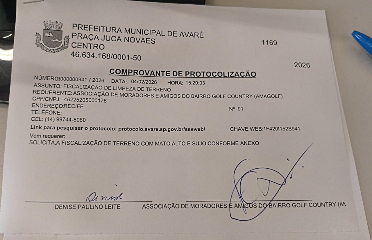 AMAGOLF protocola ofício e pede fiscalização urgente de lotes com mato alto